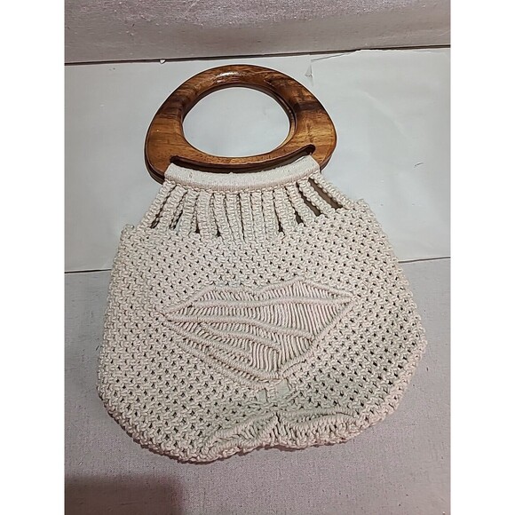 NEW NOS Vintage 1970s Handmade Macrame Purse Pocketbook Bag Wooden Handles MCM - Picture 4 of 8